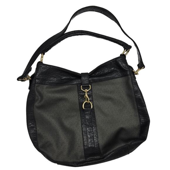 NEW Kate Landry Large Black Gold Canvas & Leather Hobo Shoulder Bag - Picture 1 of 11